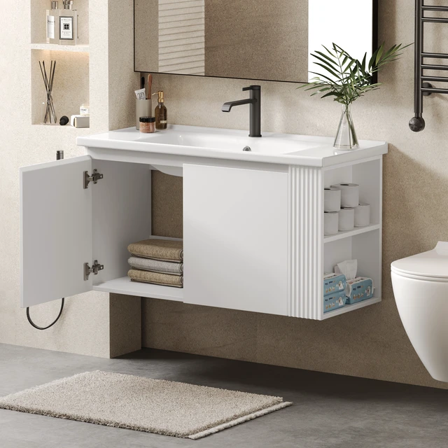 Alt view image 2 of 7 - 36 Inch Wall-Mounted Vanity with Ceramic Sink, Floating Vanity with Degrees Handle Design Soft Closing Doors and Side