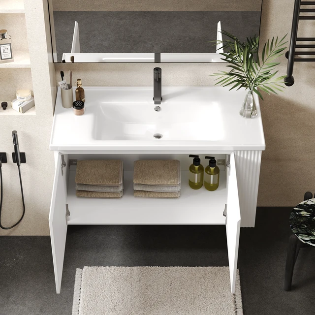 Alt view image 4 of 7 - 36 Inch Wall-Mounted Vanity with Ceramic Sink, Floating Vanity with Degrees Handle Design Soft Closing Doors and Side