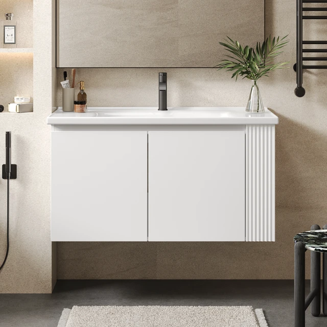 Alt view image 3 of 7 - 36 Inch Wall-Mounted Vanity with Ceramic Sink, Floating Vanity with Degrees Handle Design Soft Closing Doors and Side