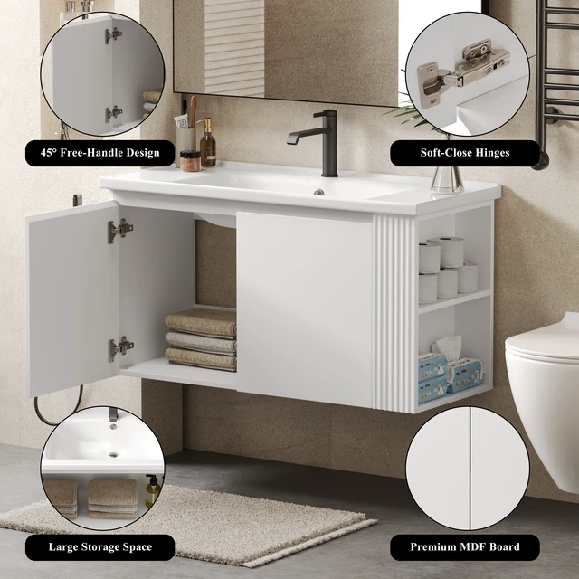 Alt view image 6 of 7 - 36 Inch Wall-Mounted Vanity with Ceramic Sink, Floating Vanity with Degrees Handle Design Soft Closing Doors and Side