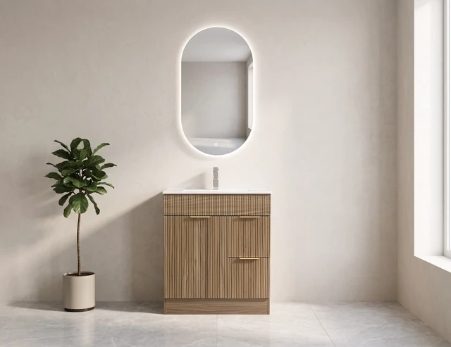 Alt view image 2 of 2 - 30 Inch Mid Century Vanity with Ceramic Sink Combo Set, Freestanding Fluted MDF Cabinet with 1 Door and 2 Drawers Gold