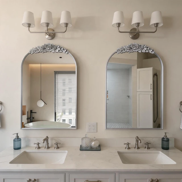 Main image of Medicine Cabinet Mirror with Storage, Inchx 24 Inch Arch Wall Mount Mirror Cabinet with Carved Top Recessed and Surface
