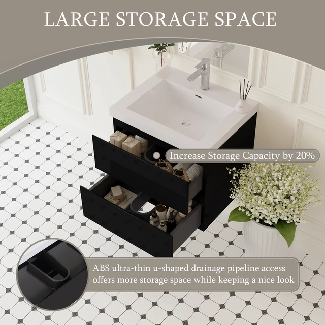 Alt view image 2 of 7 - 24 Inch Floating Vanity with Sink, Wall-Mounted Storage Cabinet with Solid Surface Top Basin and Soft Close Drawers