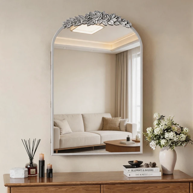 Alt view image 2 of 7 - Medicine Cabinet Mirror with Storage, Inchx 24 Inch Arch Wall Mount Mirror Cabinet with Carved Top Recessed and Surface