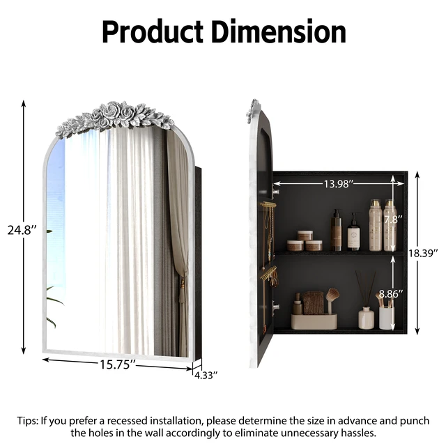 Alt view image 7 of 7 - Medicine Cabinet Mirror with Storage, Inchx 24 Inch Arch Wall Mount Mirror Cabinet with Carved Top Recessed and Surface