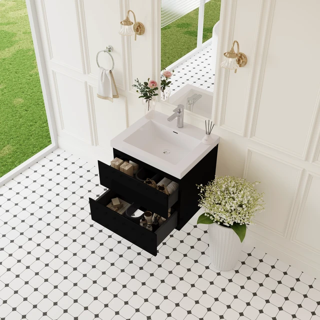 Alt view image 7 of 7 - 24 Inch Floating Vanity with Sink, Wall-Mounted Storage Cabinet with Solid Surface Top Basin and Soft Close Drawers