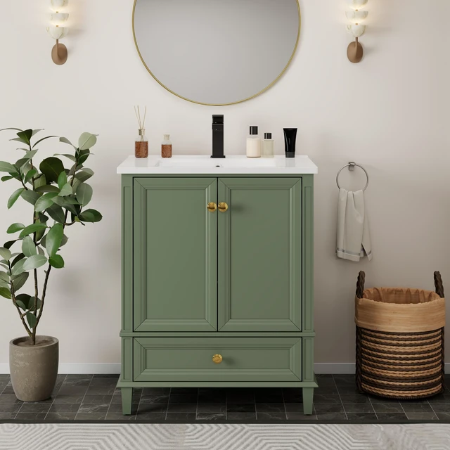 Main image of 27.8 Inch Vanity Set with Reinforced Legs and Painted Surface, Mid-Century Freestanding Vanity Sink with Storage High