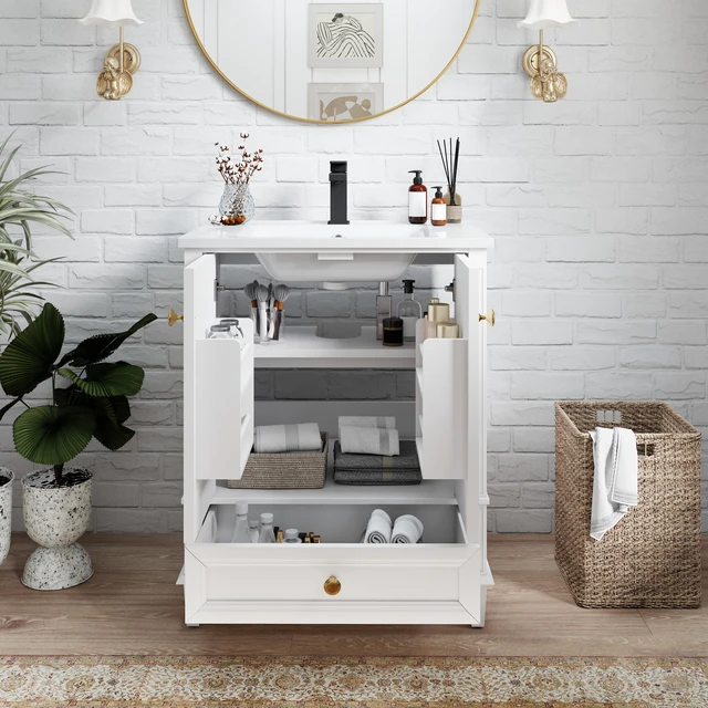 Alt view image 4 of 7 - 27.8 Inch Vanity Set with Reinforced Legs and Painted Surface, Mid-Century Freestanding Vanity Sink with Storage High