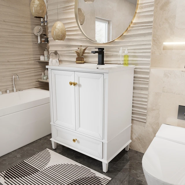 Alt view image 7 of 7 - 27.8 Inch Vanity Set with Reinforced Legs and Painted Surface, Mid-Century Freestanding Vanity Sink with Storage High