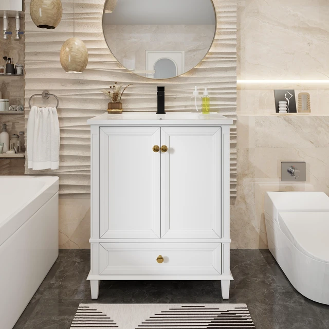 Alt view image 6 of 7 - 27.8 Inch Vanity Set with Reinforced Legs and Painted Surface, Mid-Century Freestanding Vanity Sink with Storage High
