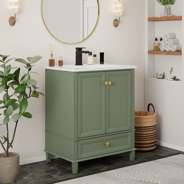 Alt view image 2 of 7 - 27.8 Inch Vanity Set with Reinforced Legs and Painted Surface, Mid-Century Freestanding Vanity Sink with Storage High