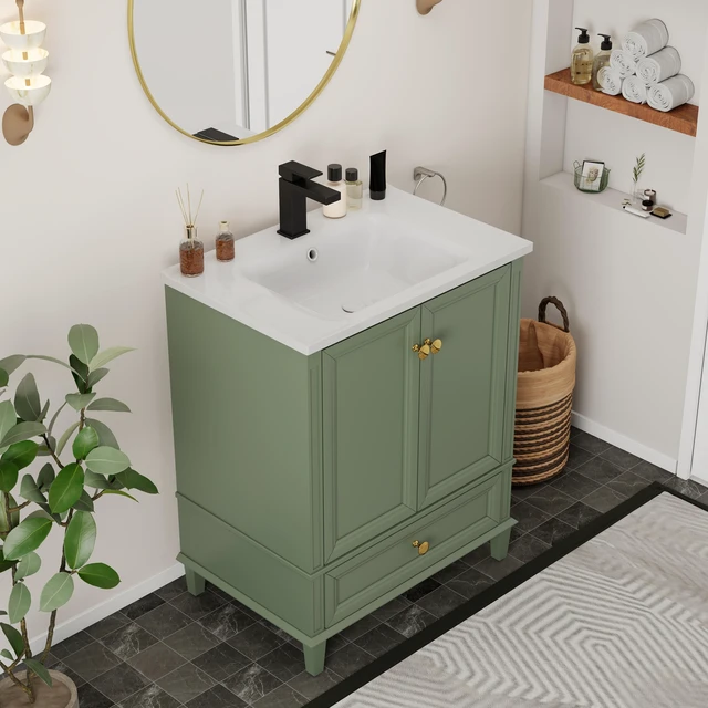 Alt view image 3 of 7 - 27.8 Inch Vanity Set with Reinforced Legs and Painted Surface, Mid-Century Freestanding Vanity Sink with Storage High
