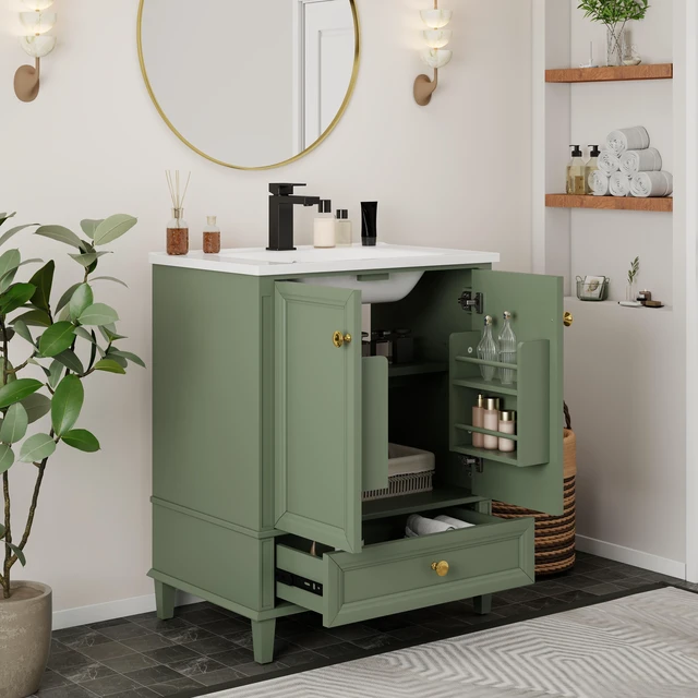 Alt view image 5 of 7 - 27.8 Inch Vanity Set with Reinforced Legs and Painted Surface, Mid-Century Freestanding Vanity Sink with Storage High