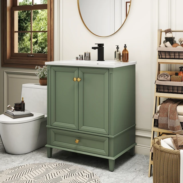 Alt view image 7 of 7 - 27.8 Inch Vanity Set with Reinforced Legs and Painted Surface, Mid-Century Freestanding Vanity Sink with Storage High