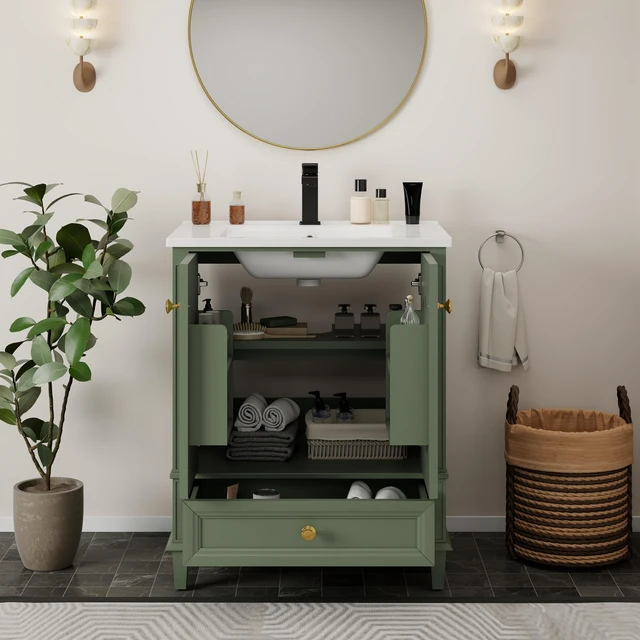 Alt view image 4 of 7 - 27.8 Inch Vanity Set with Reinforced Legs and Painted Surface, Mid-Century Freestanding Vanity Sink with Storage High