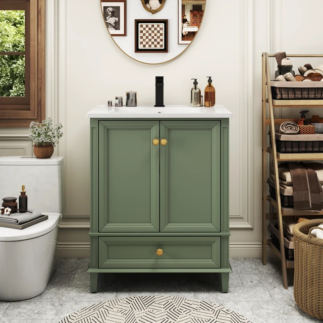 Alt view image 6 of 7 - 27.8 Inch Vanity Set with Reinforced Legs and Painted Surface, Mid-Century Freestanding Vanity Sink with Storage High