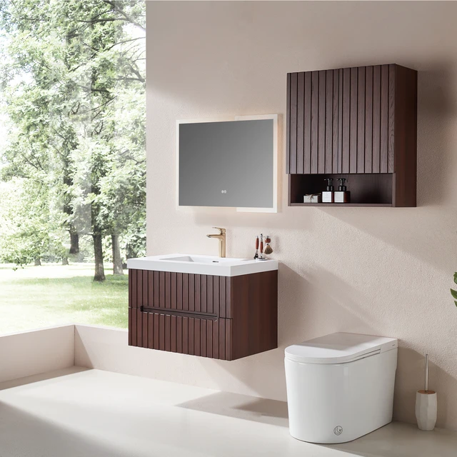 Alt view image 3 of 7 - 30 Inch Wall Mounted and Floating Single Vanity with Acrylic Integrated Basin, Pre Assembled Plywood Cabinet with 2