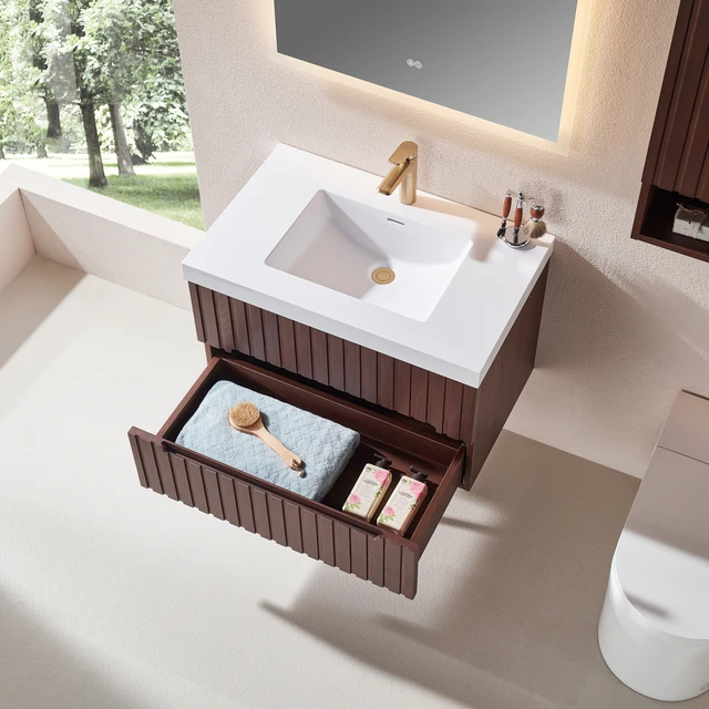 Alt view image 2 of 7 - 30 Inch Wall Mounted and Floating Single Vanity with Acrylic Integrated Basin, Pre Assembled Plywood Cabinet with 2