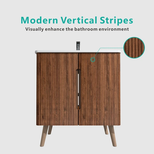Alt view image 2 of 7 - 30 Inch Striped Vanity with Ceramic Sink with One Faucet Hole, Large Storage Freestanding Vanity, White Walnut