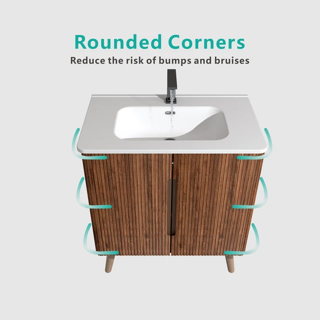 Alt view image 5 of 7 - 30 Inch Striped Vanity with Ceramic Sink with One Faucet Hole, Large Storage Freestanding Vanity, White Walnut
