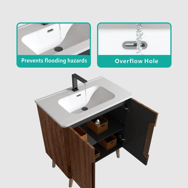 Alt view image 3 of 7 - 30 Inch Striped Vanity with Ceramic Sink with One Faucet Hole, Large Storage Freestanding Vanity, White Walnut