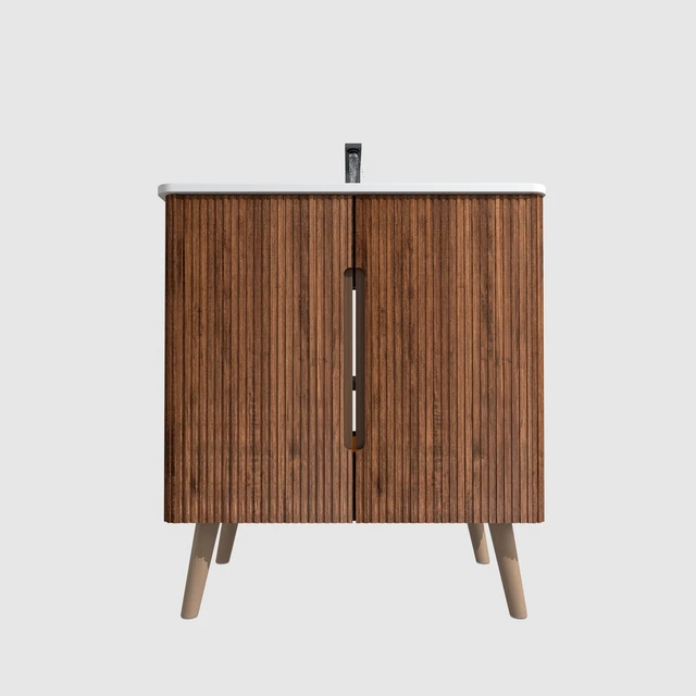Alt view image 6 of 7 - 30 Inch Striped Vanity with Ceramic Sink with One Faucet Hole, Large Storage Freestanding Vanity, White Walnut
