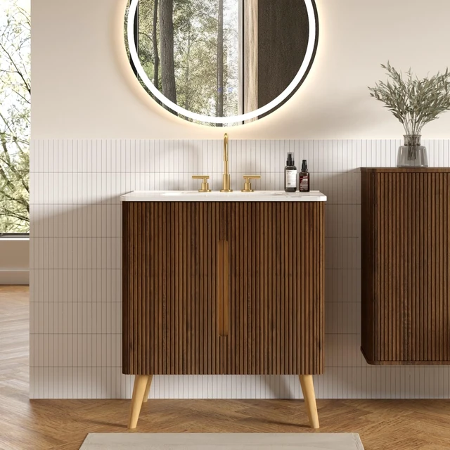 Main image of 30 Inch Striped Vanity with Carrara Ceramic Sink with Three Faucet Holes, Large Storage Freestanding Vanity, Carrara