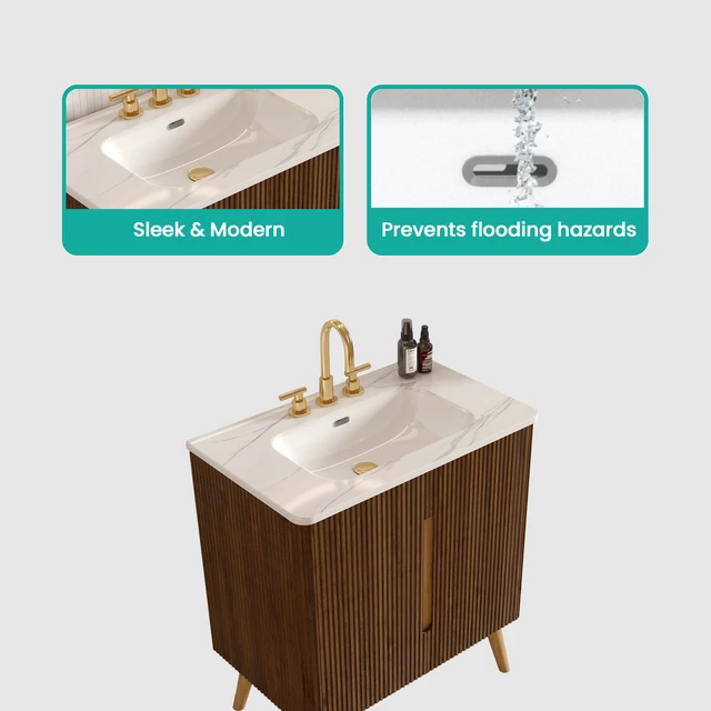 Alt view image 5 of 7 - 30 Inch Striped Vanity with Carrara Ceramic Sink with Three Faucet Holes, Large Storage Freestanding Vanity, Carrara
