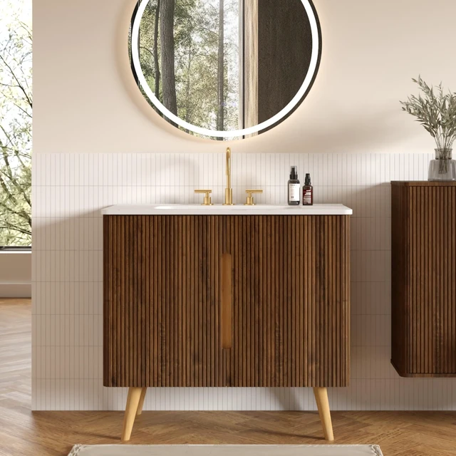 Main image of 36 Inch Striped Vanity with Carrara Ceramic Sink with Three Faucet Holes, Large Storage Freestanding Vanity, Carrara