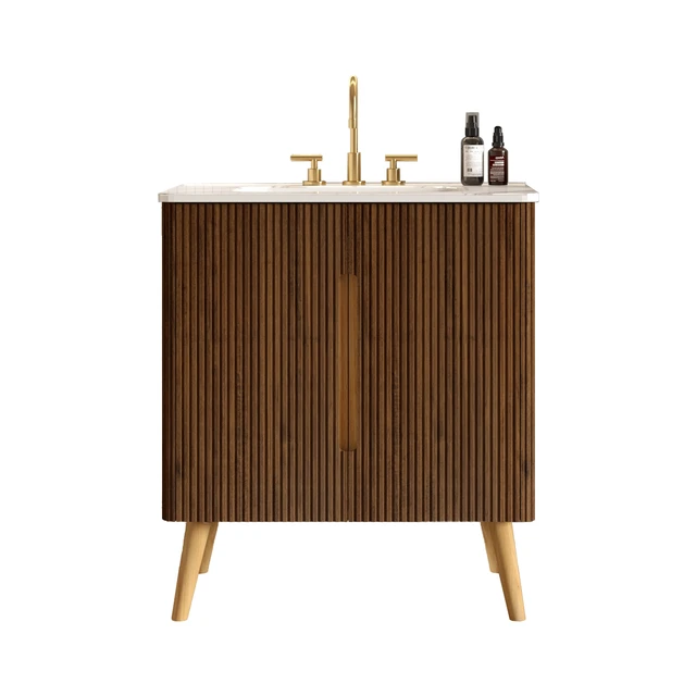 Alt view image 7 of 7 - 30 Inch Striped Vanity with Carrara Ceramic Sink with Three Faucet Holes, Large Storage Freestanding Vanity, Carrara