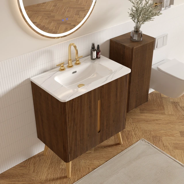Alt view image 2 of 7 - 30 Inch Striped Vanity with Carrara Ceramic Sink with Three Faucet Holes, Large Storage Freestanding Vanity, Carrara