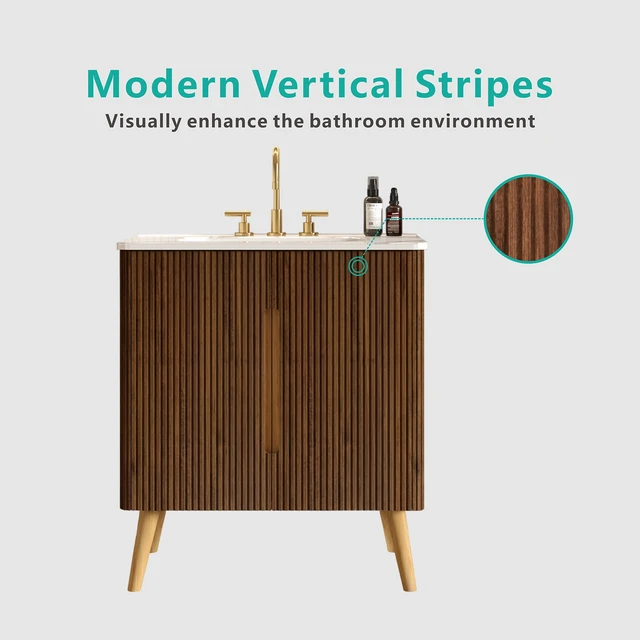Alt view image 3 of 7 - 30 Inch Striped Vanity with Carrara Ceramic Sink with Three Faucet Holes, Large Storage Freestanding Vanity, Carrara