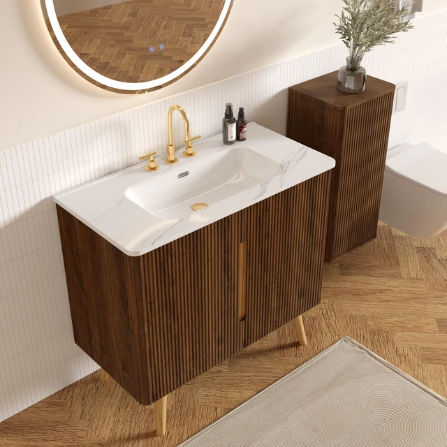 Alt view image 2 of 7 - 36 Inch Striped Vanity with Carrara Ceramic Sink with Three Faucet Holes, Large Storage Freestanding Vanity, Carrara