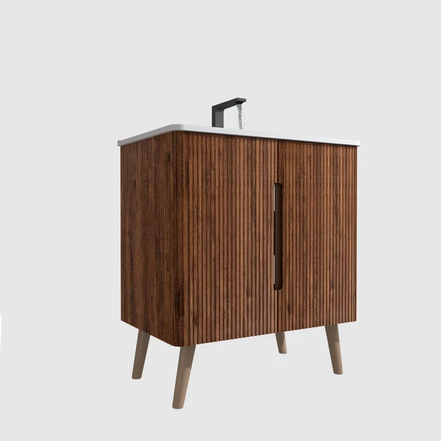 Alt view image 7 of 7 - 30 Inch Striped Vanity with Ceramic Sink with One Faucet Hole, Large Storage Freestanding Vanity, White Walnut