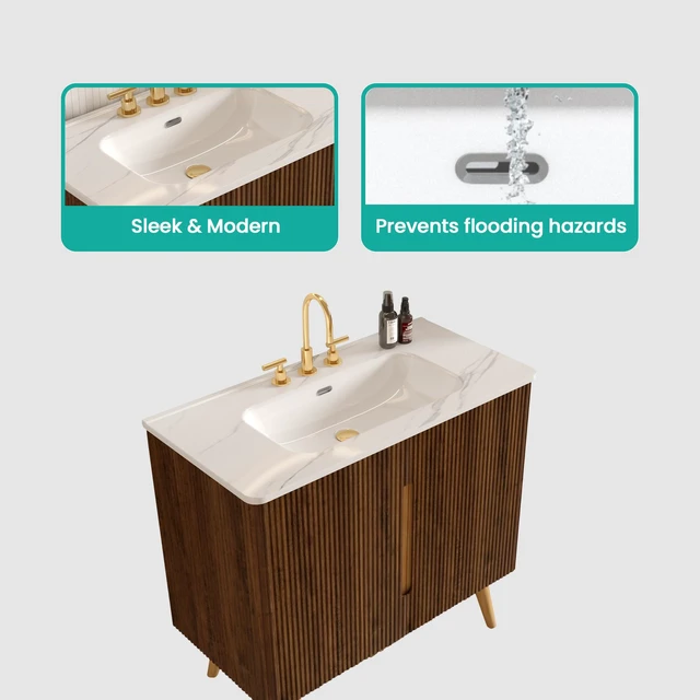 Alt view image 5 of 7 - 36 Inch Striped Vanity with Carrara Ceramic Sink with Three Faucet Holes, Large Storage Freestanding Vanity, Carrara