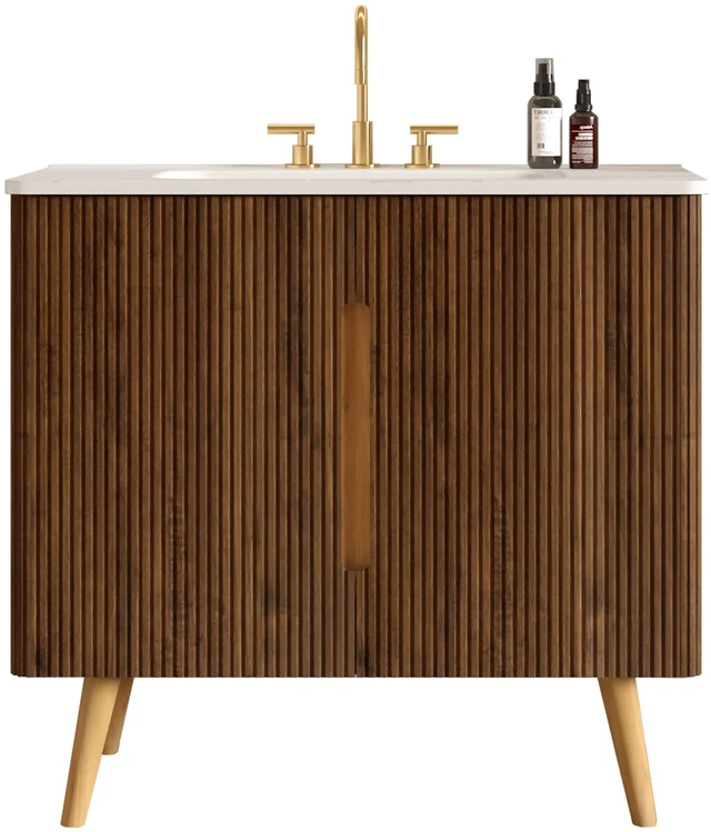 Alt view image 7 of 7 - 36 Inch Striped Vanity with Carrara Ceramic Sink with Three Faucet Holes, Large Storage Freestanding Vanity, Carrara