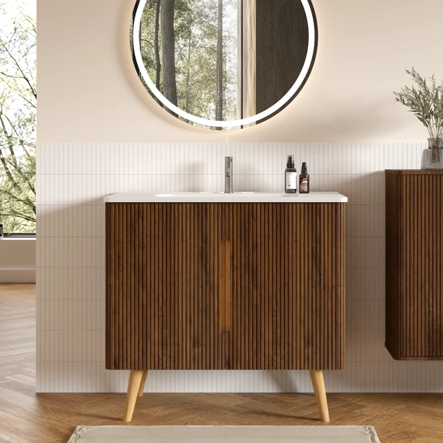 Main image of 36 Inch Striped Vanity with Ceramic Sink with One Faucet Hole, Large Storage Freestanding Vanity, White Walnut