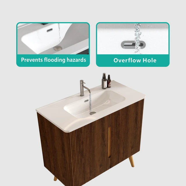 Alt view image 5 of 7 - 36 Inch Striped Vanity with Ceramic Sink with One Faucet Hole, Large Storage Freestanding Vanity, White Walnut