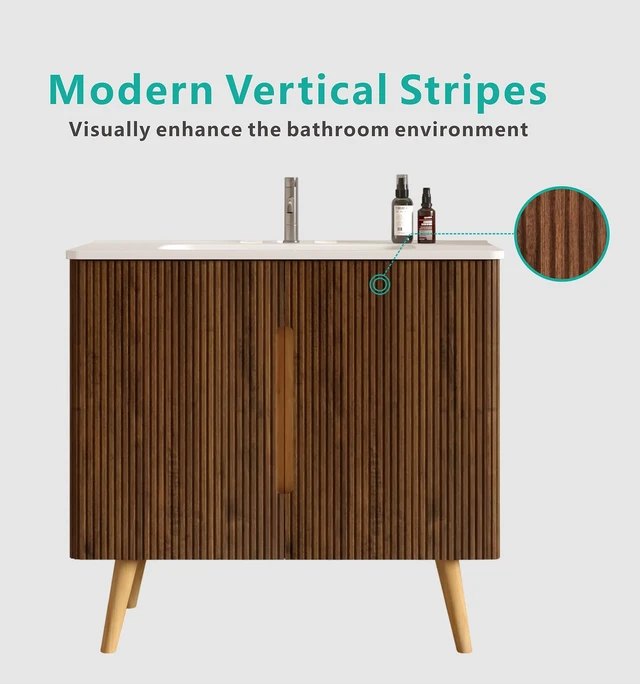 Alt view image 3 of 7 - 36 Inch Striped Vanity with Ceramic Sink with One Faucet Hole, Large Storage Freestanding Vanity, White Walnut