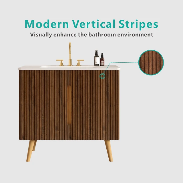 Alt view image 3 of 7 - 36 Inch Striped Vanity with Carrara Ceramic Sink with Three Faucet Holes, Large Storage Freestanding Vanity, Carrara