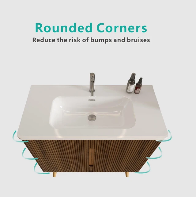 Alt view image 4 of 7 - 36 Inch Striped Vanity with Ceramic Sink with One Faucet Hole, Large Storage Freestanding Vanity, White Walnut