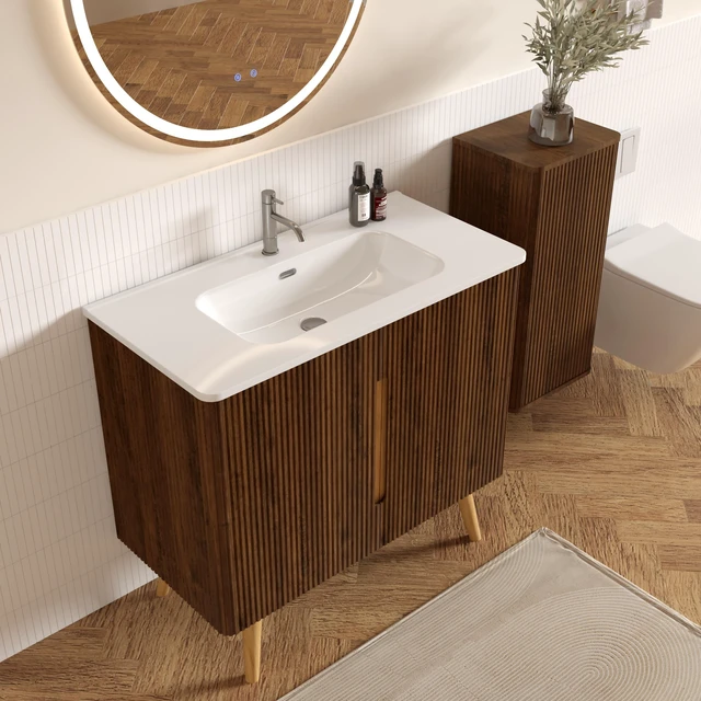 Alt view image 2 of 7 - 36 Inch Striped Vanity with Ceramic Sink with One Faucet Hole, Large Storage Freestanding Vanity, White Walnut