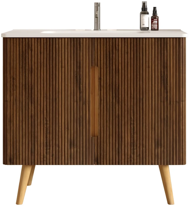 Alt view image 7 of 7 - 36 Inch Striped Vanity with Ceramic Sink with One Faucet Hole, Large Storage Freestanding Vanity, White Walnut