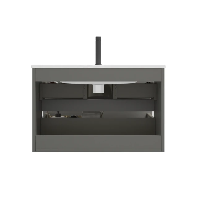 Alt view image 4 of 7 - 30 Inch Wall Mount Space Vanity with Ceramic Sink with One Faucet Hole, Large Storage Floating Vanity for Pre