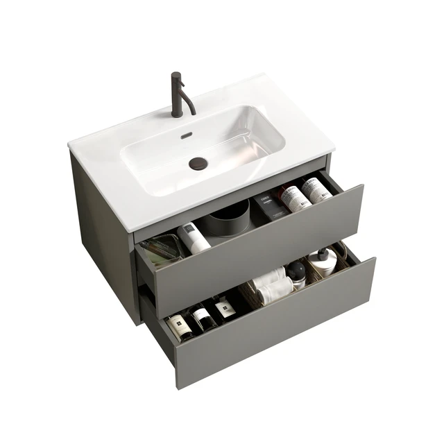 Alt view image 6 of 7 - 30 Inch Wall Mount Space Vanity with Ceramic Sink with One Faucet Hole, Large Storage Floating Vanity for Pre