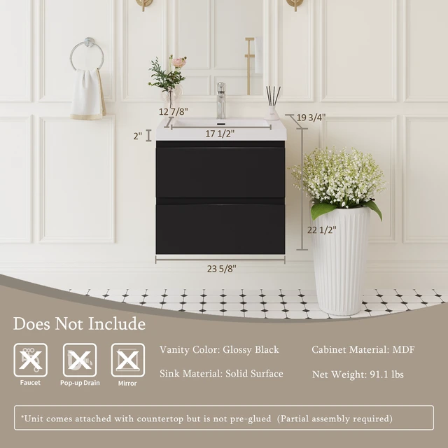 Alt view image 2 of 7 - 24 Inch Floating Vanity with Sink, Wall-Mounted Storage Vanity Cabinet with Solid Surface Top Basin and Soft Close