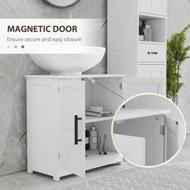 Alt view image 3 of 7 - Pedestal Sink Storage Cabinet, Freestanding Sink Cabinet with Barn Doors and Adjustable Shelf, White, MDF
