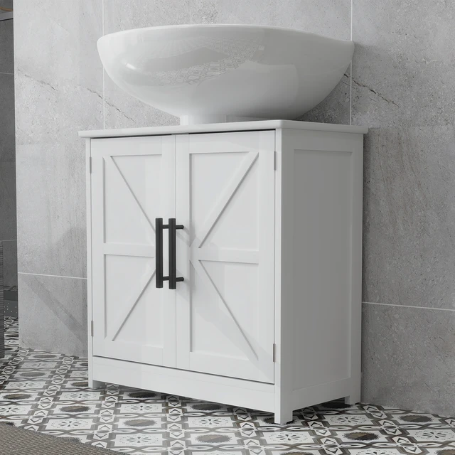 Alt view image 2 of 7 - Pedestal Sink Storage Cabinet, Freestanding Sink Cabinet with Barn Doors and Adjustable Shelf, White, MDF