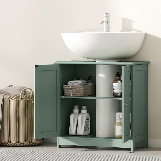 Alt view image 3 of 7 - Under Sink Cabinet, Pedestal Sink Storage Cabinet with 2 Doors Shelf and Shape, Green Dark, MDF, Vanities