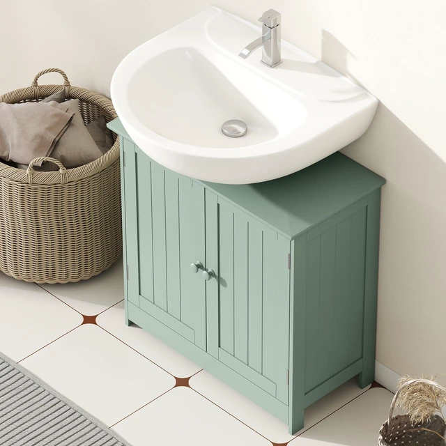 Alt view image 2 of 7 - Under Sink Cabinet, Pedestal Sink Storage Cabinet with 2 Doors Shelf and Shape, Green Dark, MDF, Vanities